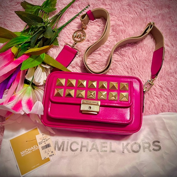 Michael Kors Handbags - MICHAEL KORS HOT PINK RUNWAY CROSSBODY CAMERA BAG / STUDDED